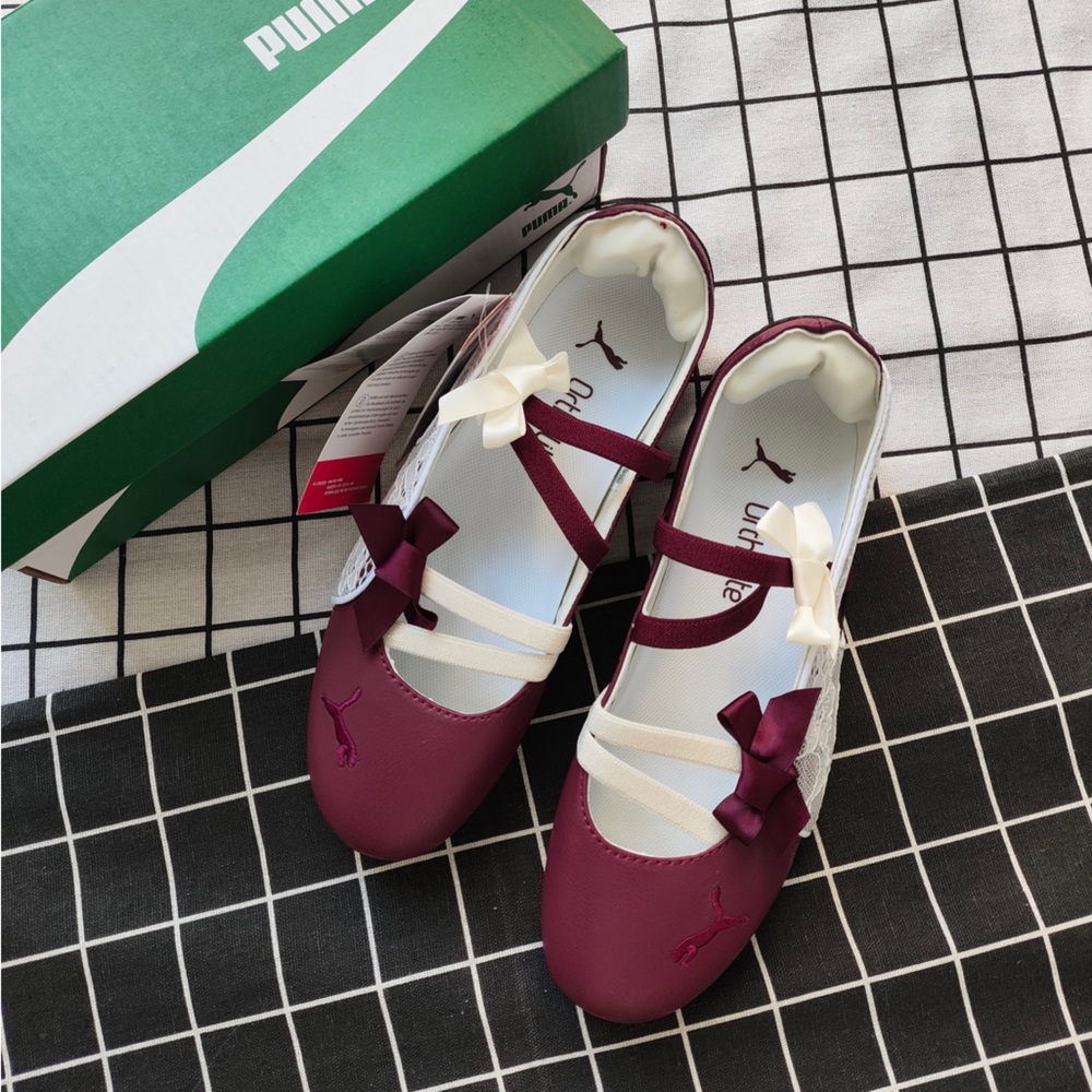 Puma Burgundy Ballet Flats with Cream Ribbon Accents
